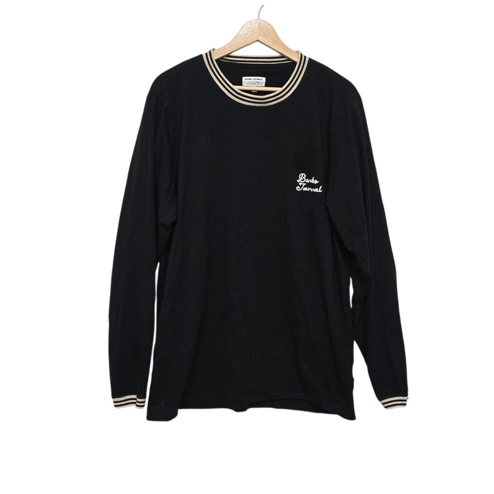 Banks Journal Mens XL Black Organic Cotton Long Sleeve Pocket Tee Striped Trim